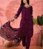 Wine roman silk suit designed with embroidery work and wevon designer