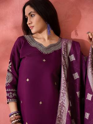 Wine roman silk suit designed with embroidery work and wevon designer 3