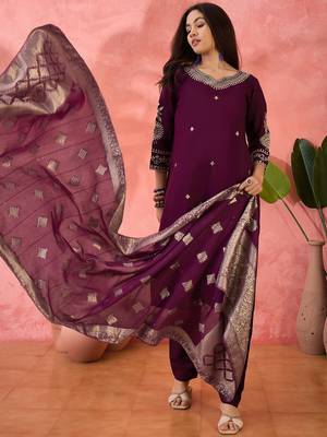 Wine roman silk suit designed with embroidery work and wevon designer 4