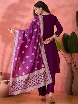 Purple roman silk suit designed with embroidery and wevon  2