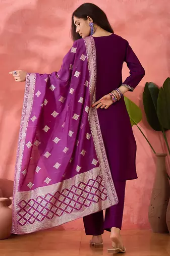 Purple roman silk suit designed with embroidery and wevon 