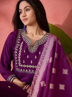 Purple roman silk suit designed with embroidery and wevon  3