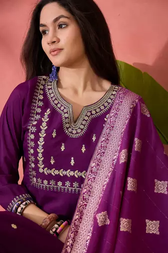 Purple roman silk suit designed with embroidery and wevon 