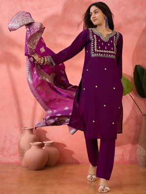 Purple roman silk suit designed with embroidery and wevon  4
