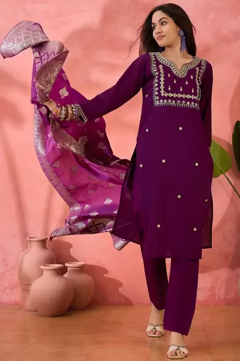 Purple roman silk suit designed with embroidery and wevon 