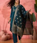Teal blue roman silk suit designed with embroidery work and wevon 
