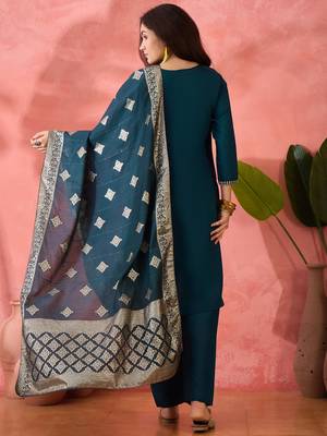 Teal blue roman silk suit designed with embroidery and wevon  2