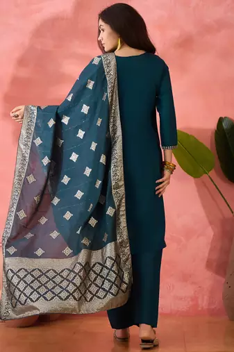 Teal blue roman silk suit designed with embroidery and wevon 