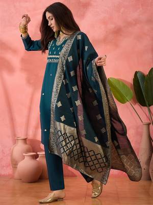 Teal blue roman silk suit designed with embroidery and wevon  4