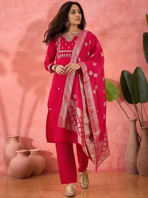 Pink roman silk suit designed with embroidery and wevon  1