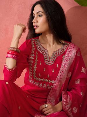 Pink roman silk suit designed with embroidery and wevon  3