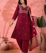 Maroon roman silk suit designed with embroidery work and wevon 
