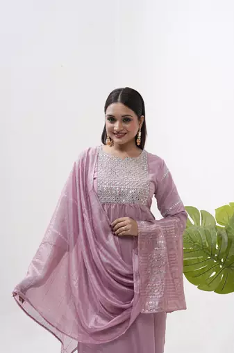 Pink vertical silk sequins embroidery readymade suit