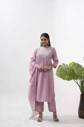 Pink vertical silk sequins embroidery readymade suit