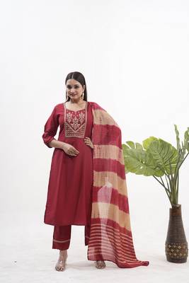 Maroon roman silk sequins embroidery readymade suit 1