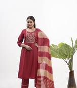 Maroon roman silk fabric sequins embroidery work readymade suit