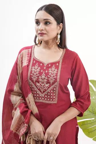 Maroon roman silk sequins embroidery readymade suit