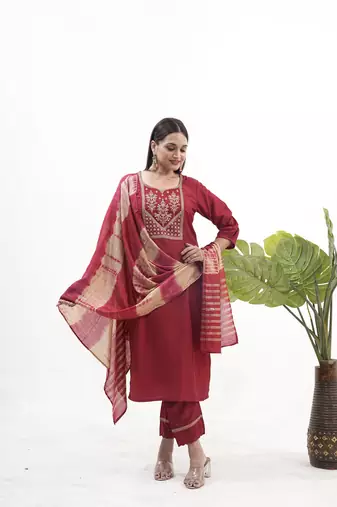 Maroon roman silk sequins embroidery readymade suit