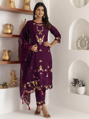 Purple beautiful viscosee silk salwar kameez with embroidery and hand  1