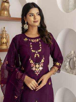 Purple beautiful viscosee silk salwar kameez with embroidery and hand  3