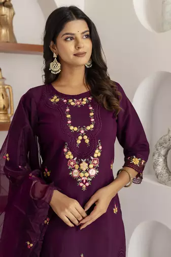 Purple beautiful viscosee silk salwar kameez with embroidery and hand 