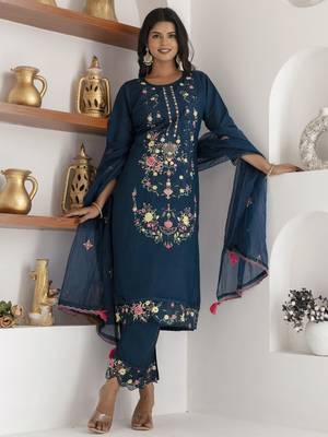 Teal blue beautiful viscose silk salwar kameez with designer embroidery and hand work 1