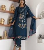 Teal blue beautiful viscose silk salwar kameez with designer embroidery and hand work