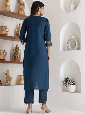 Teal blue beautiful viscose silk salwar kameez with designer embroidery and hand work 2