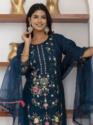 Teal blue beautiful viscose silk salwar kameez with designer embroidery and hand work 3