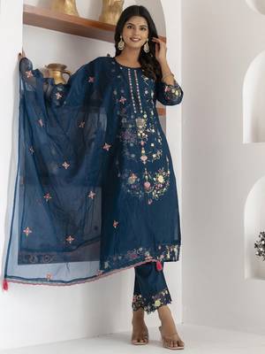 Teal blue beautiful viscose silk salwar kameez with designer embroidery and hand work 4