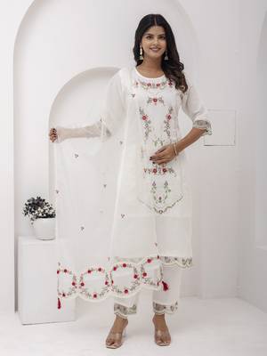 White beautiful viscosee silk salwar kameez with embroidery and hand  1