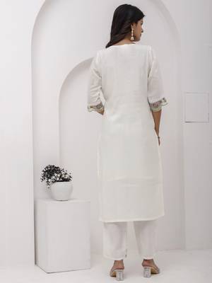 White beautiful viscosee silk salwar kameez with embroidery and hand  2