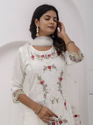 White beautiful viscosee silk salwar kameez with embroidery and hand  3
