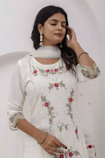 White beautiful viscosee silk salwar kameez with embroidery and hand 