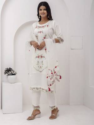 White beautiful viscosee silk salwar kameez with embroidery and hand  4