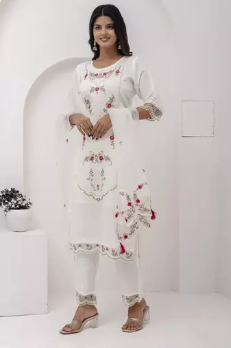 White beautiful viscosee silk salwar kameez with embroidery and hand 