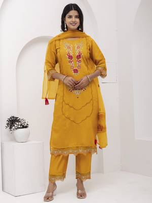 Yellow beautiful viscosee silk salwar kameez with embroidery and hand  1
