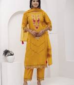 Yellow beautiful viscosee silk salwar kameez with embroidery and hand work