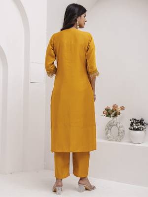 Yellow beautiful viscosee silk salwar kameez with embroidery and hand  2