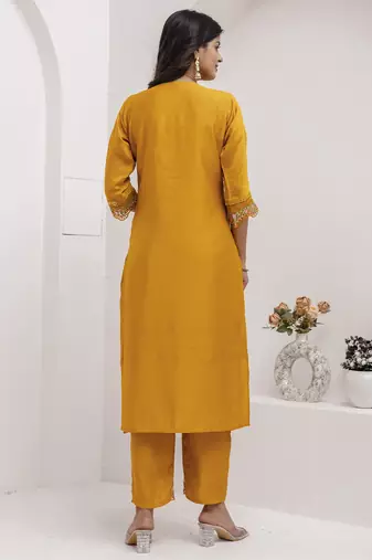 Yellow beautiful viscosee silk salwar kameez with embroidery and hand 