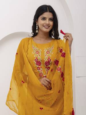 Yellow beautiful viscosee silk salwar kameez with embroidery and hand  3