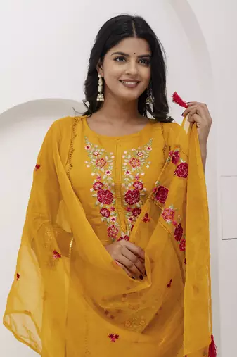 Yellow beautiful viscosee silk salwar kameez with embroidery and hand 