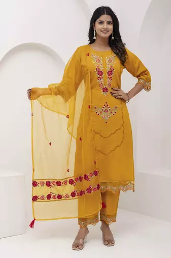 Yellow beautiful viscosee silk salwar kameez with embroidery and hand 