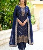 Blue designer viscose rayon readymade suit with plesent embroidery work