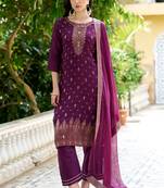 Purple designer viscose rayon readymade suit with plesent embroidery work