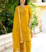 Yellow viscosee rayon readymade suit with plesent embroidery work