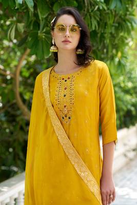 Yellow viscosee rayon readymade suit with plesent embroidery  3