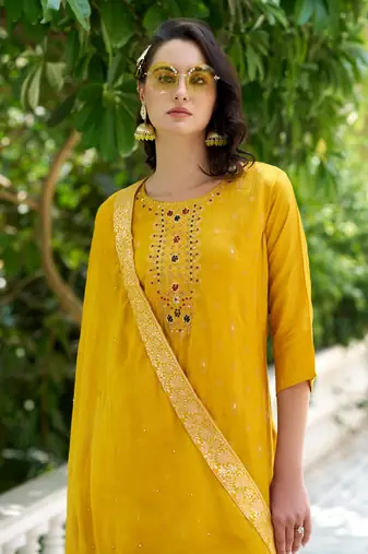 Yellow viscosee rayon readymade suit with plesent embroidery 