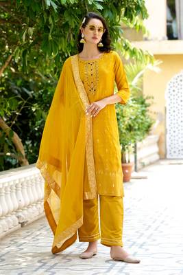 Yellow viscosee rayon readymade suit with plesent embroidery  4