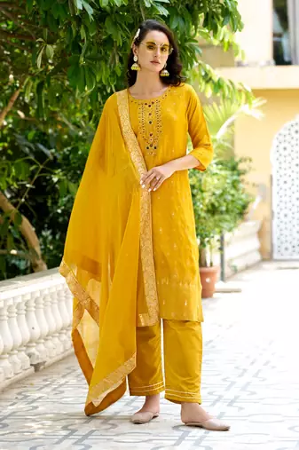 Yellow viscosee rayon readymade suit with plesent embroidery 